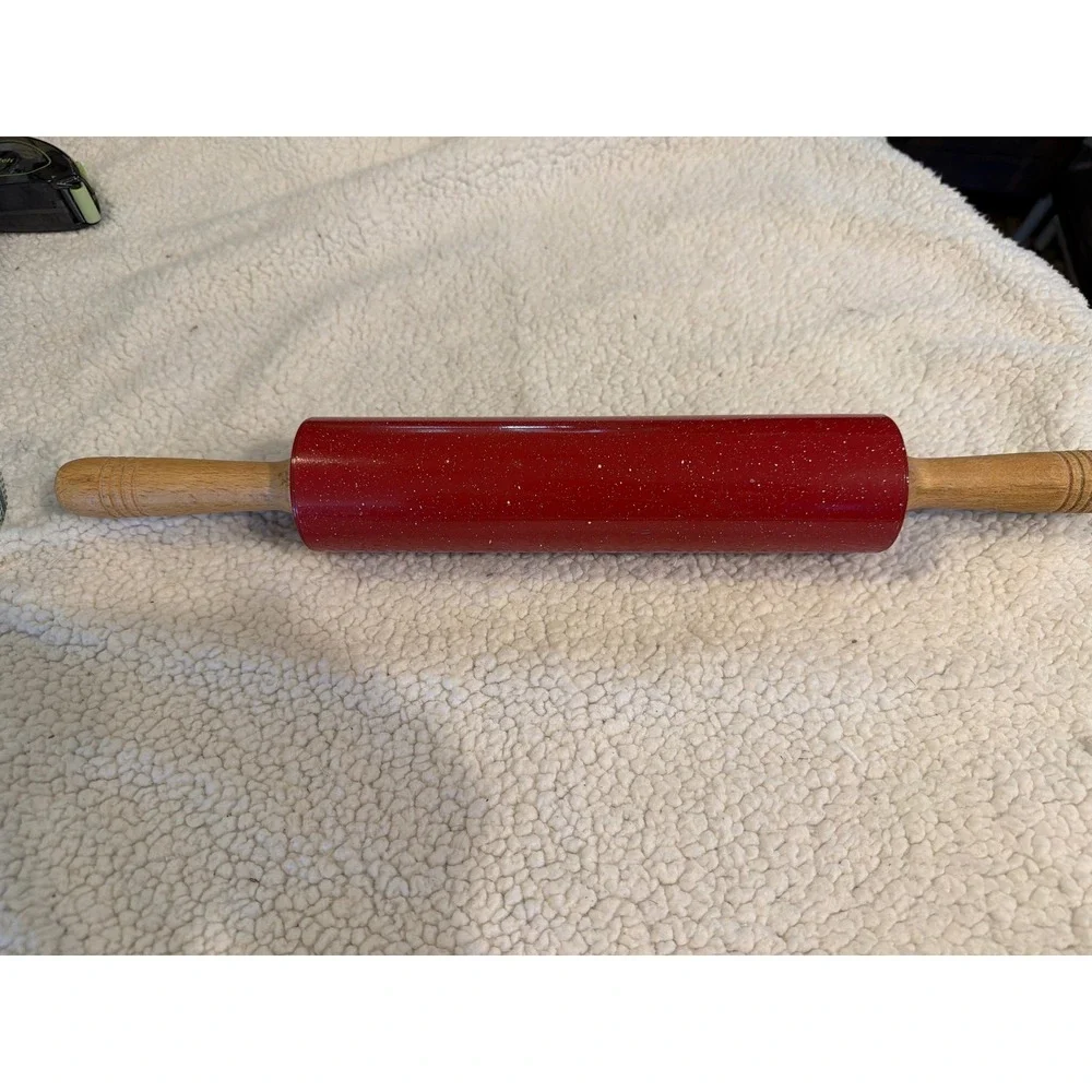 Vintage Style Red Speckled Enamel Rolling Pin Wood Handles Farmhouse Kitchenware